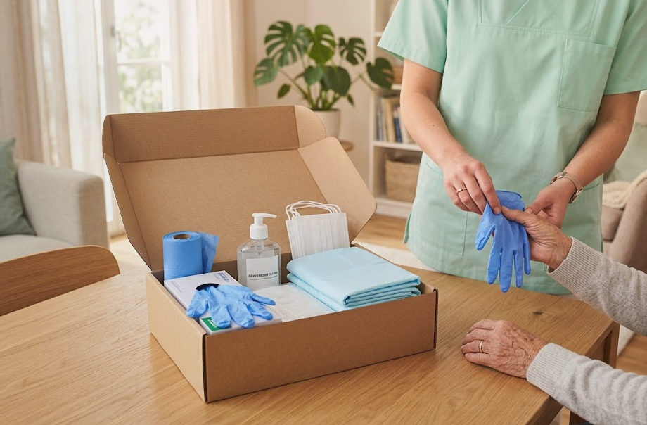 Una persona anziana sorride tenendo in mano la sua Pflegebox mensile