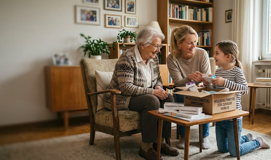 Tre generazioni esaminano insieme i documenti dell’assistenza al tavolo della cucina